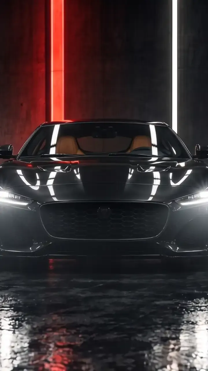 Le coupé noir de la démo esthétique, phares allumés devant un néon rouge
